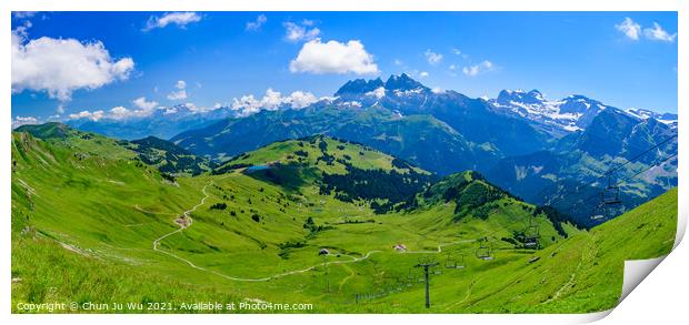 Panoramic landscape of mountains of Alps in summer with gondola lift in Portes du Soleil, Switzerland, Europe Print by Chun Ju Wu