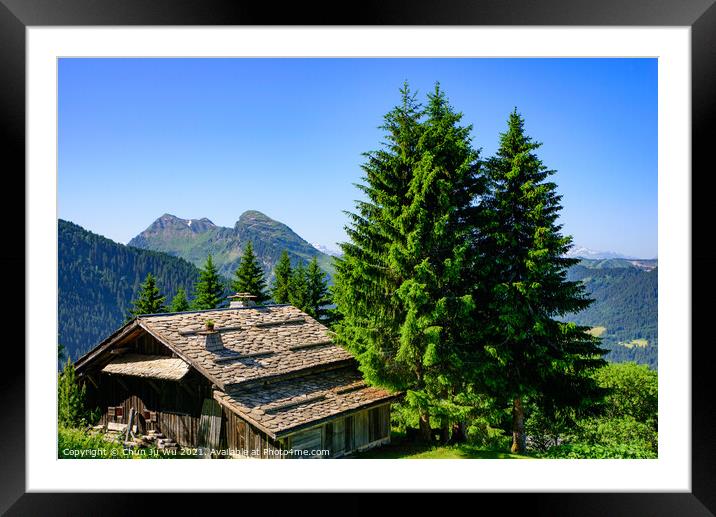 A traditional wooden building in mountains of Alps in summer in Portes du Soleil, France, Europe Framed Mounted Print by Chun Ju Wu