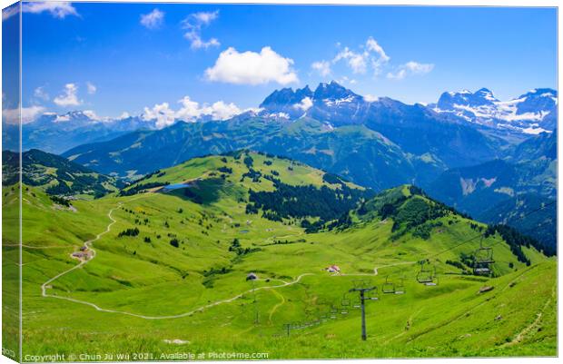 Landscape of mountains of Alps in summer with gondola lift in Portes du Soleil, Switzerland, Europe Canvas Print by Chun Ju Wu