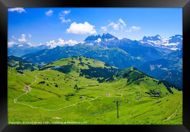 Landscape of mountains of Alps in summer with gondola lift in Portes du Soleil, Switzerland, Europe Framed Print by Chun Ju Wu