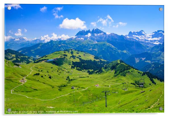 Landscape of mountains of Alps in summer with gondola lift in Portes du Soleil, Switzerland, Europe Acrylic by Chun Ju Wu