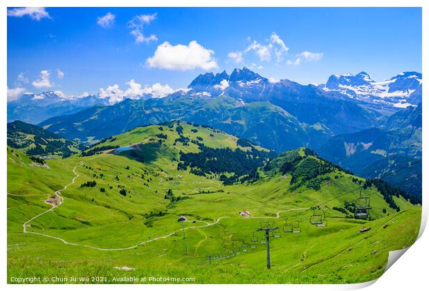 Landscape of mountains of Alps in summer with gondola lift in Portes du Soleil, Switzerland, Europe Print by Chun Ju Wu