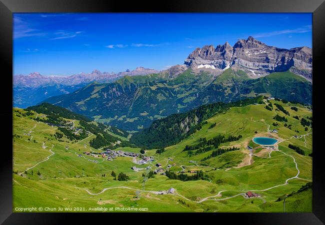 Landscape of mountains of Alps in summer with green meadow in Portes du Soleil, Switzerland, Europe Framed Print by Chun Ju Wu