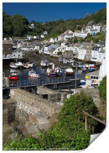 Cliffside view of Polperro Harbour in Cornwall Print by Michael Shannon
