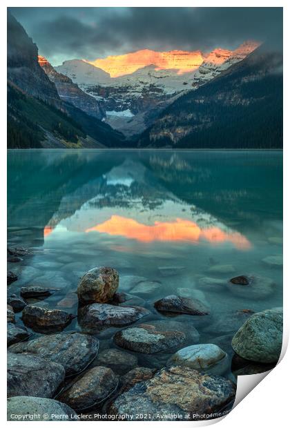 Dramatic Sunrise at Lake Louise Print by Pierre Leclerc Photography