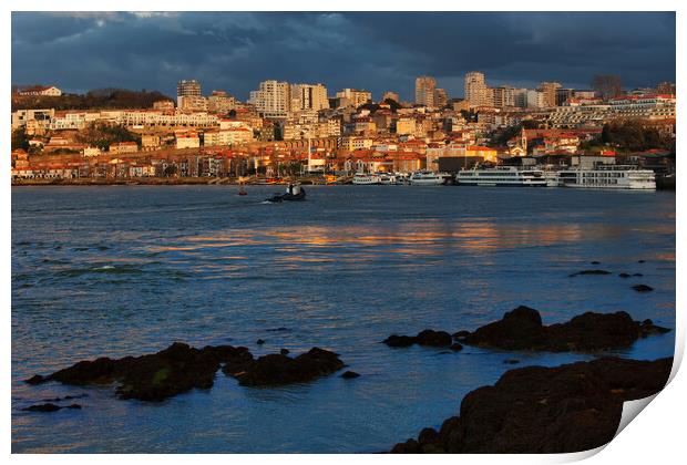 Douro River and Vila Nova de Gaia Skyline At Sunset Print by Artur Bogacki