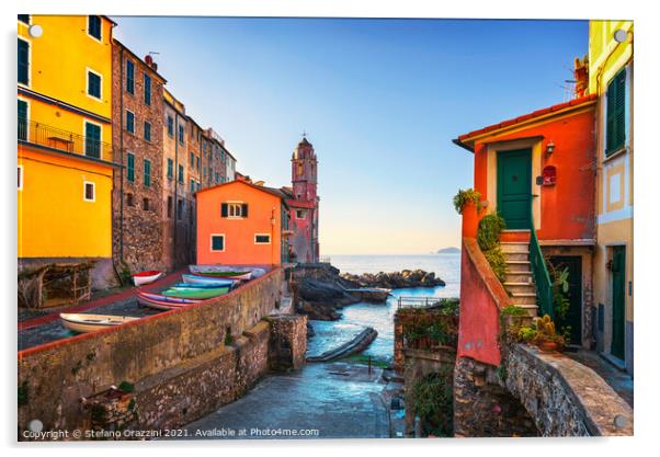 Tellaro village street and sea. Liguria Acrylic by Stefano Orazzini