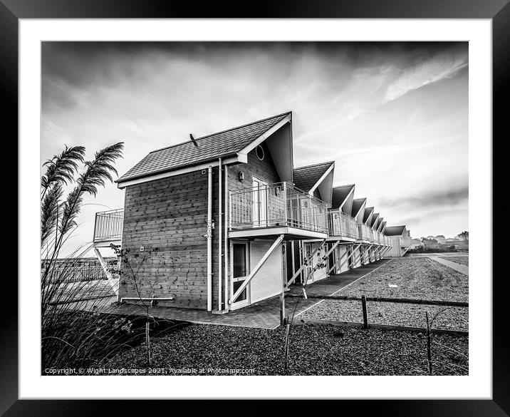 Seaview Beach Huts Black and White Framed Mounted Print by Wight Landscapes