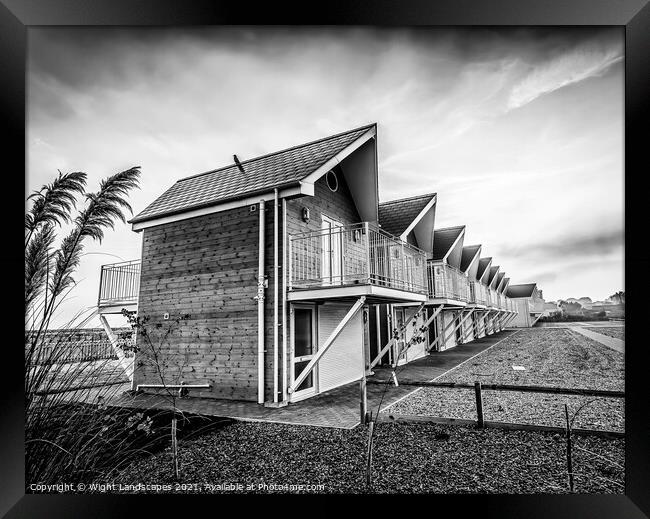 Seaview Beach Huts Black and White Framed Print by Wight Landscapes