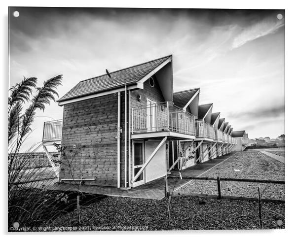 Seaview Beach Huts Black and White Acrylic by Wight Landscapes