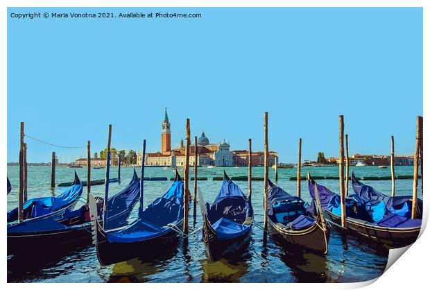 Gondolas anchored in Venice Print by Maria Vonotna