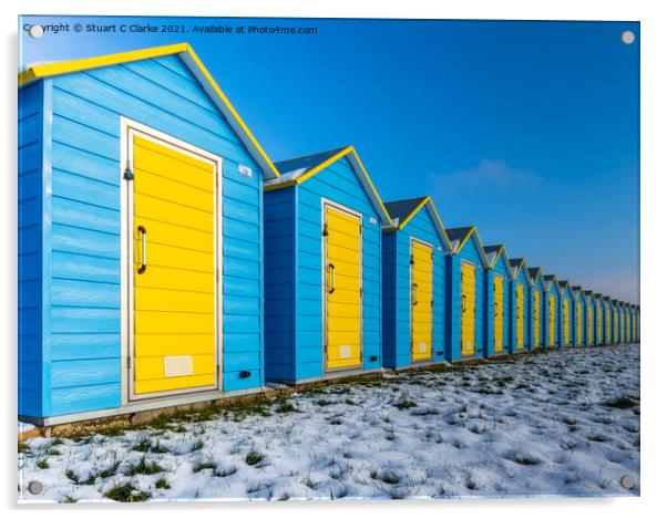 Beach huts in the snow Acrylic by Stuart C Clarke
