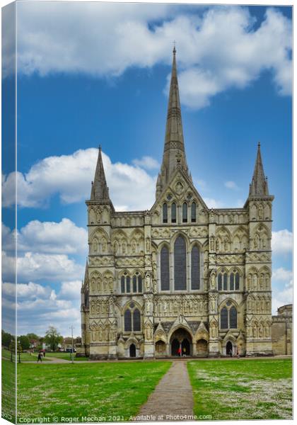 Towering Salisbury Cathedral Canvas Print by Roger Mechan