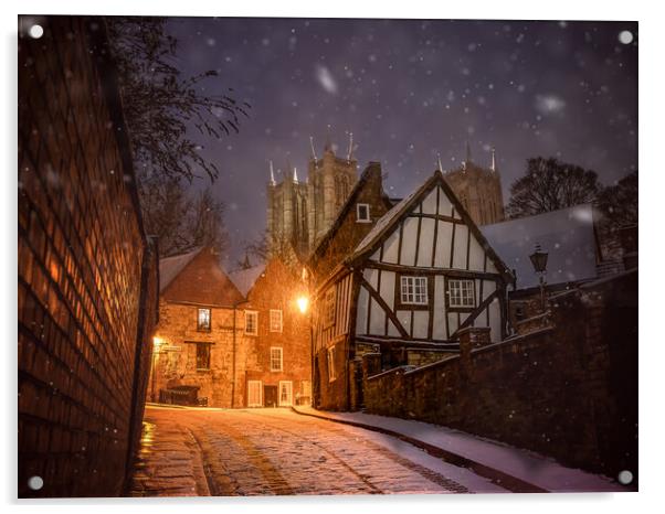 Snow falling on Michaelgate, Lincoln Acrylic by Andrew Scott