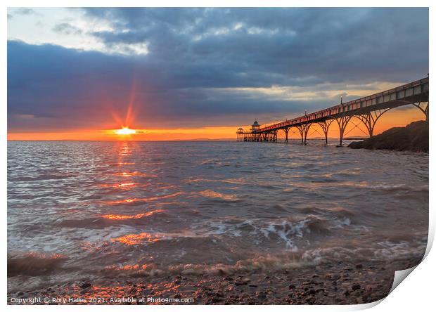 Clevedon Pier with lens flare Print by Rory Hailes