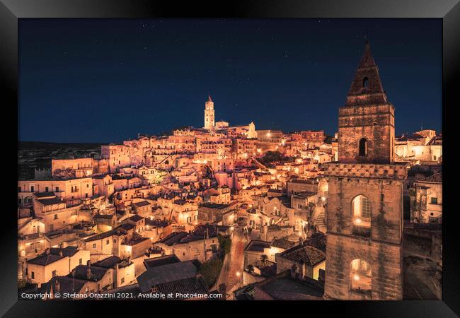Matera ancient town i Sassi night view, Italy Framed Print by Stefano Orazzini
