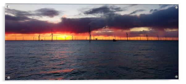 Sunrise - Merkur wind farm Germany Acrylic by Russell Finney