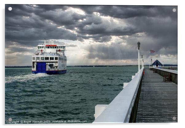 Car ferry leaving Lymington Isle of Wight Acrylic by Roger Mechan