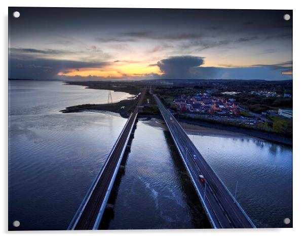 Loughor estuary road and rail bridges Acrylic by Leighton Collins