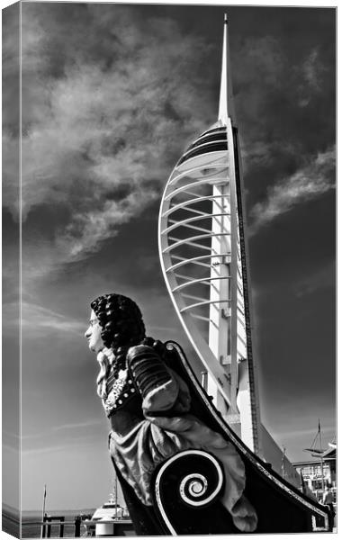 Figurehead in front of The Spinnaker  Canvas Print by Joyce Storey