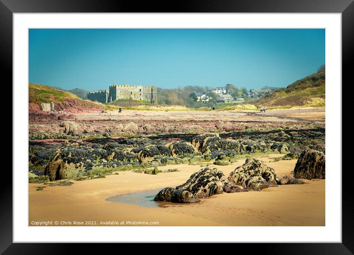 Manorbier beach and castle Framed Mounted Print by Chris Rose