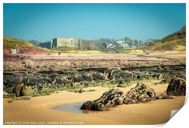 Manorbier beach and castle Print by Chris Rose