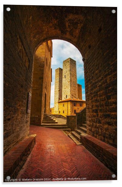 San Gimignano towers from a tunnel, Tuscany Acrylic by Stefano Orazzini