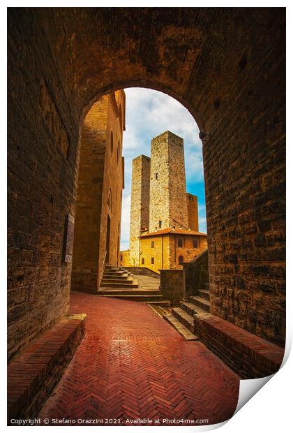 San Gimignano towers from a tunnel, Tuscany Print by Stefano Orazzini