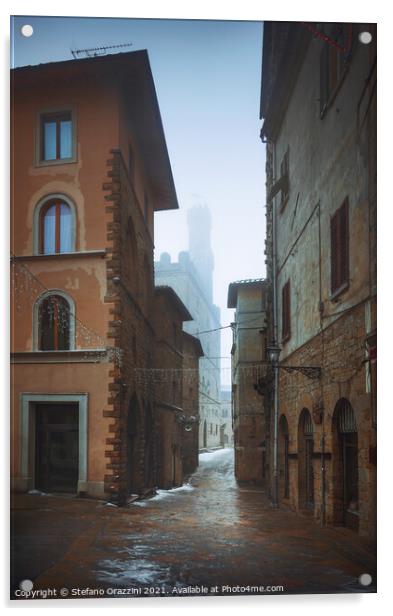 Volterra old town during a snowfall in winter. Tuscany, Italy Acrylic by Stefano Orazzini