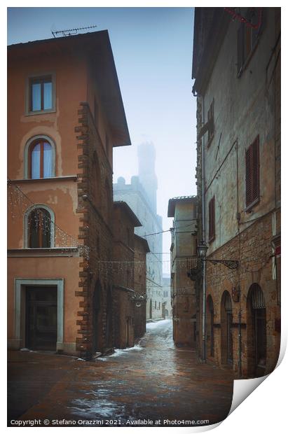 Volterra old town during a snowfall in winter. Tuscany, Italy Print by Stefano Orazzini