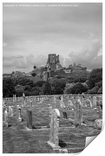 Corfe Castle and graveyard Print by Christopher Keeley