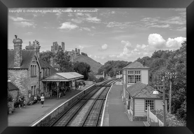Monochrome Corfe Castle railway station Framed Print by Christopher Keeley