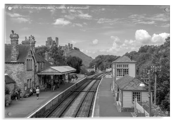 Monochrome Corfe Castle railway station Acrylic by Christopher Keeley