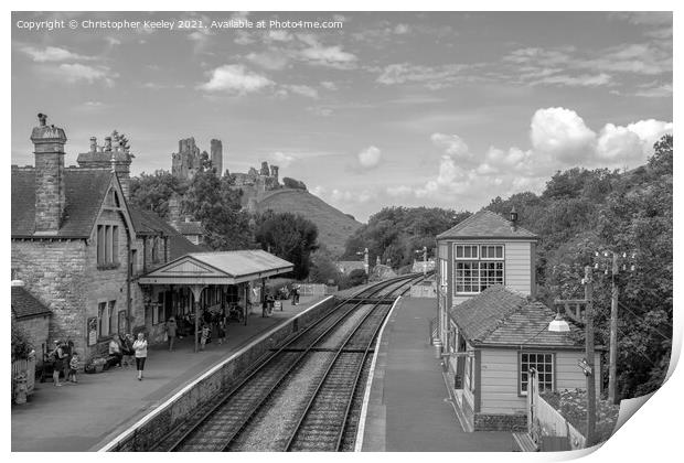 Monochrome Corfe Castle railway station Print by Christopher Keeley