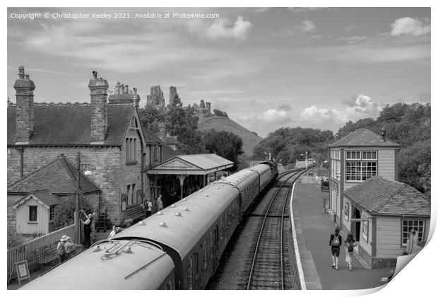 A train at Corfe Castle Print by Christopher Keeley