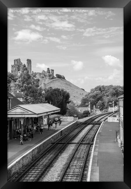 Corfe Castle - black and white Framed Print by Christopher Keeley