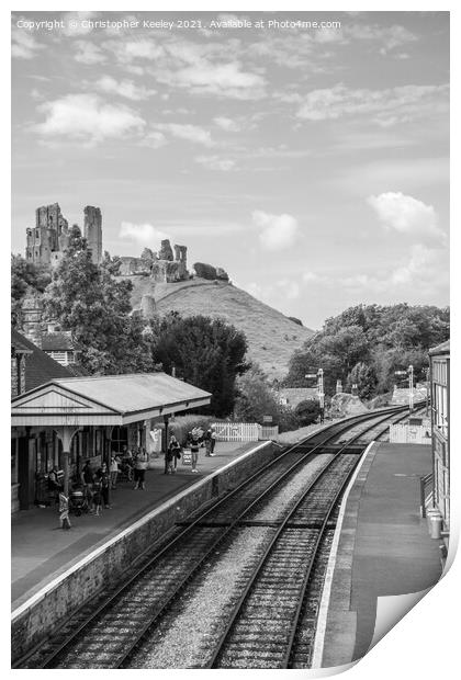 Corfe Castle - black and white Print by Christopher Keeley