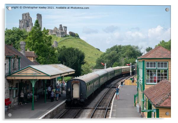 Steam train at Corfe Castle Acrylic by Christopher Keeley