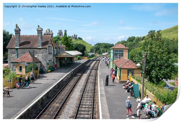 Summer at Corfe Castle railway station Print by Christopher Keeley