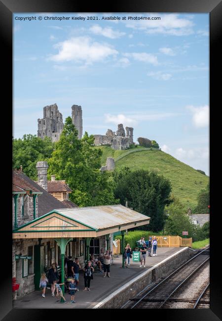 Corfe Castle and railway station Framed Print by Christopher Keeley