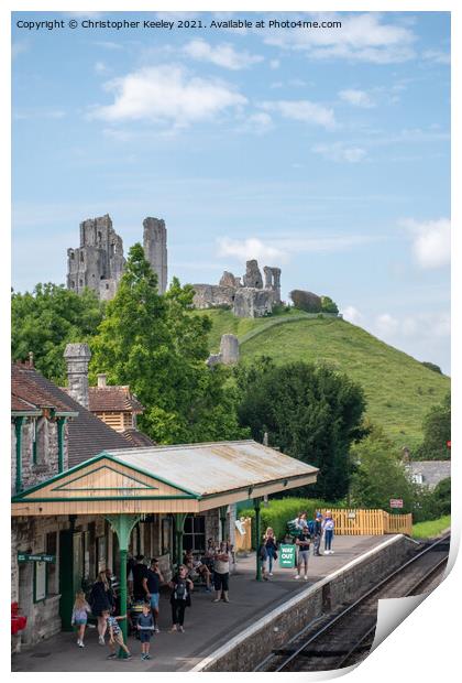Corfe Castle and railway station Print by Christopher Keeley