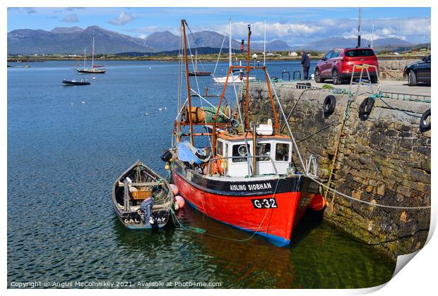 Fishing boat in Roundstone harbour, County Galway  Print by Angus McComiskey