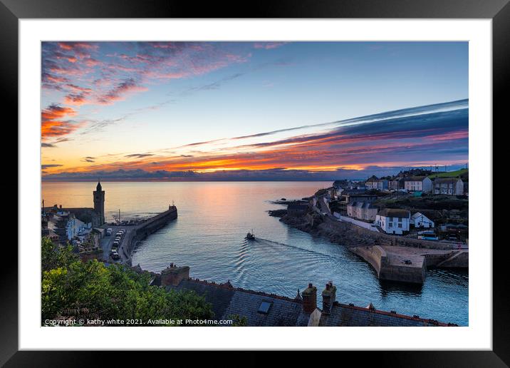 sunset Porthleven Cornwall Framed Mounted Print by kathy white