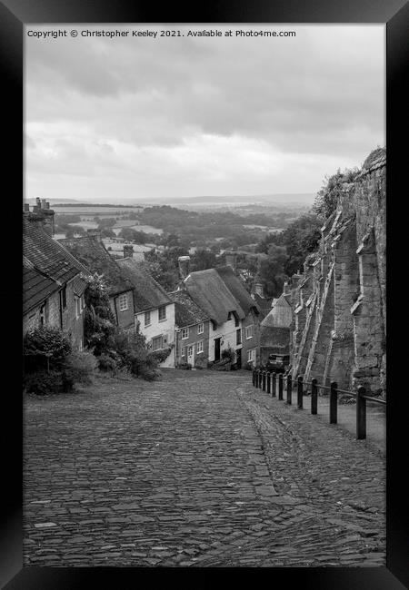 Gold Hill, Shaftesbury in monochrome Framed Print by Christopher Keeley