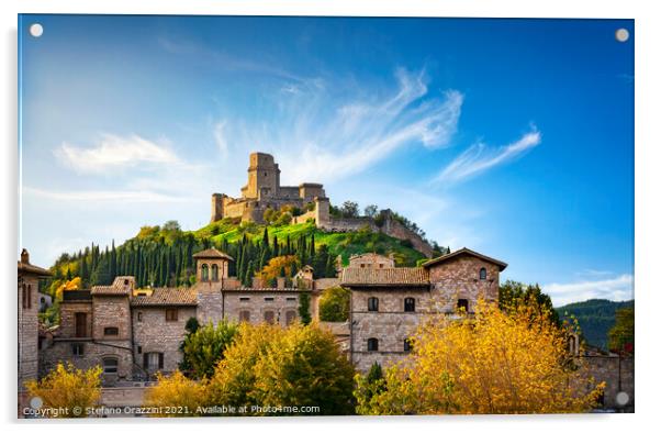 Assisi town and Rocca Maggiore fortress. Umbria, Italy. Acrylic by Stefano Orazzini