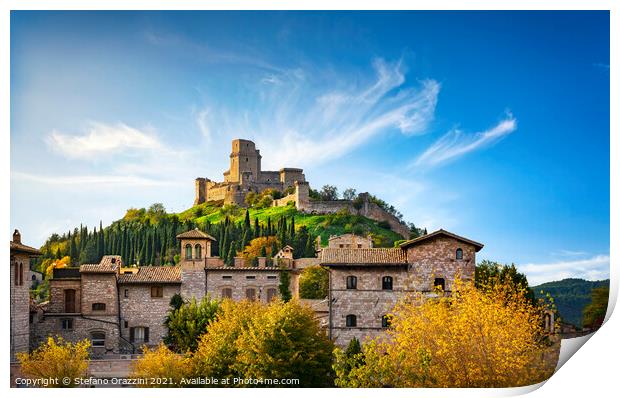 Assisi town and Rocca Maggiore fortress. Umbria, Italy. Print by Stefano Orazzini