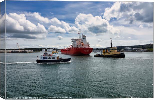 Mighty Vessel Enters Plymouth Sound Canvas Print by Roger Mechan