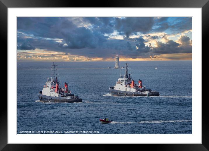 Powerful Tugboats in Plymouth Sound Framed Mounted Print by Roger Mechan