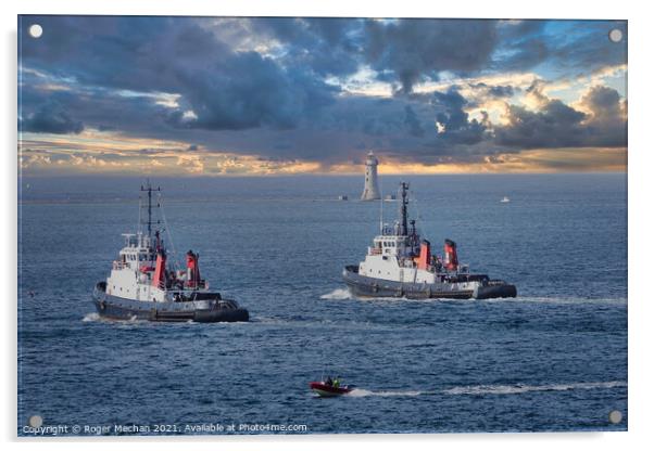 Powerful Tugboats in Plymouth Sound Acrylic by Roger Mechan