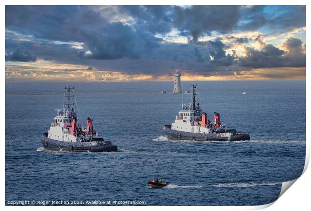 Powerful Tugboats in Plymouth Sound Print by Roger Mechan